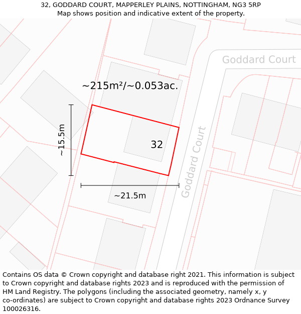 32, GODDARD COURT, MAPPERLEY PLAINS, NOTTINGHAM, NG3 5RP: Plot and title map