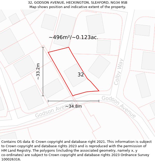 32, GODSON AVENUE, HECKINGTON, SLEAFORD, NG34 9SB: Plot and title map