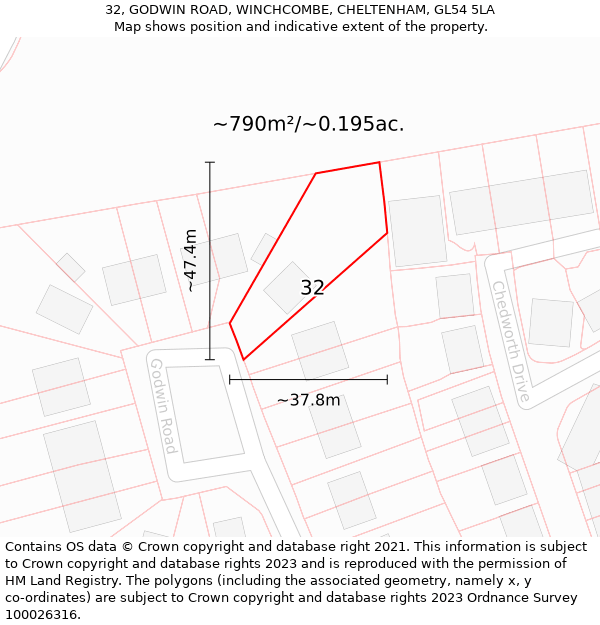 32, GODWIN ROAD, WINCHCOMBE, CHELTENHAM, GL54 5LA: Plot and title map