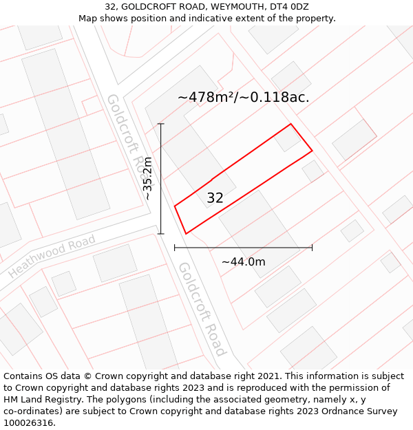 32, GOLDCROFT ROAD, WEYMOUTH, DT4 0DZ: Plot and title map