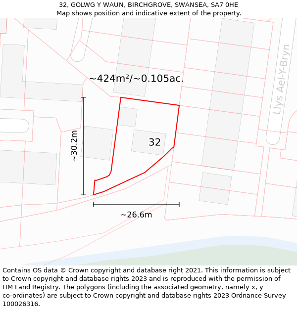 32, GOLWG Y WAUN, BIRCHGROVE, SWANSEA, SA7 0HE: Plot and title map