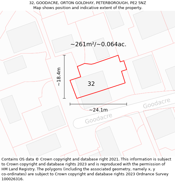 32, GOODACRE, ORTON GOLDHAY, PETERBOROUGH, PE2 5NZ: Plot and title map