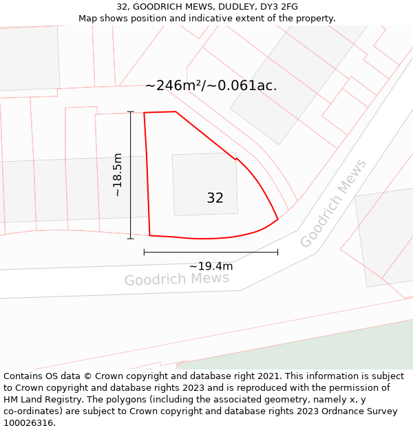 32, GOODRICH MEWS, DUDLEY, DY3 2FG: Plot and title map