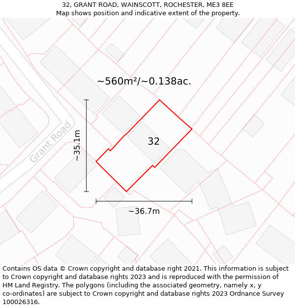 32, GRANT ROAD, WAINSCOTT, ROCHESTER, ME3 8EE: Plot and title map