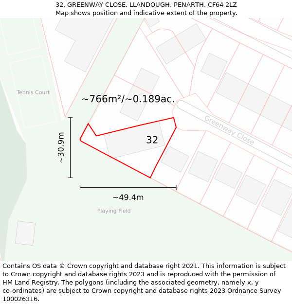 32, GREENWAY CLOSE, LLANDOUGH, PENARTH, CF64 2LZ: Plot and title map