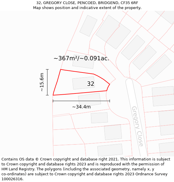 32, GREGORY CLOSE, PENCOED, BRIDGEND, CF35 6RF: Plot and title map