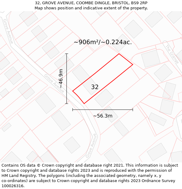 32, GROVE AVENUE, COOMBE DINGLE, BRISTOL, BS9 2RP: Plot and title map