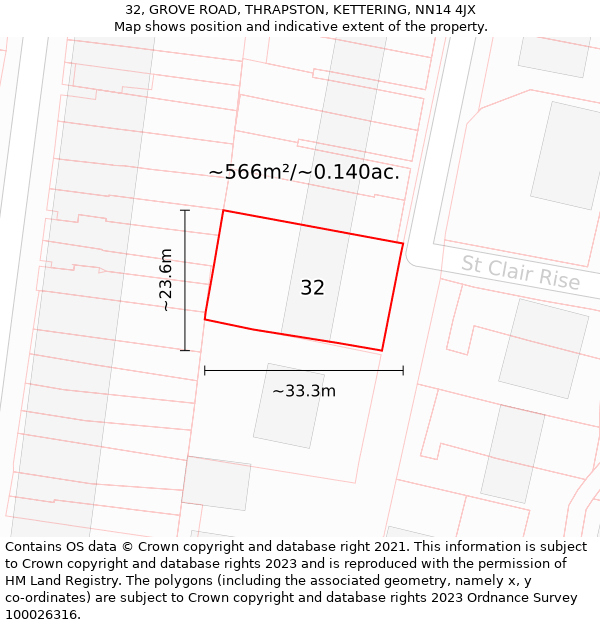 32, GROVE ROAD, THRAPSTON, KETTERING, NN14 4JX: Plot and title map