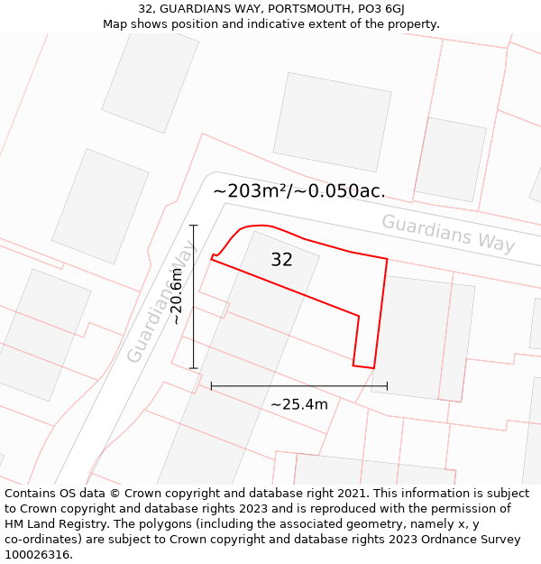 32, GUARDIANS WAY, PORTSMOUTH, PO3 6GJ: Plot and title map