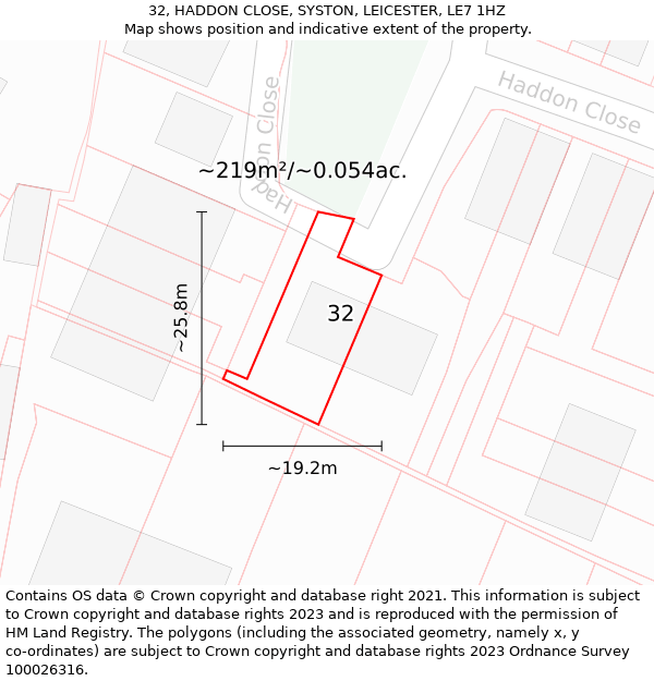 32, HADDON CLOSE, SYSTON, LEICESTER, LE7 1HZ: Plot and title map