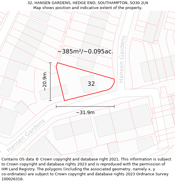 32, HANSEN GARDENS, HEDGE END, SOUTHAMPTON, SO30 2LN: Plot and title map