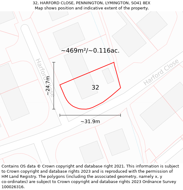 32, HARFORD CLOSE, PENNINGTON, LYMINGTON, SO41 8EX: Plot and title map