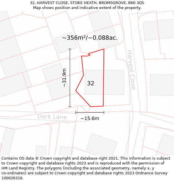 32, HARVEST CLOSE, STOKE HEATH, BROMSGROVE, B60 3QS: Plot and title map