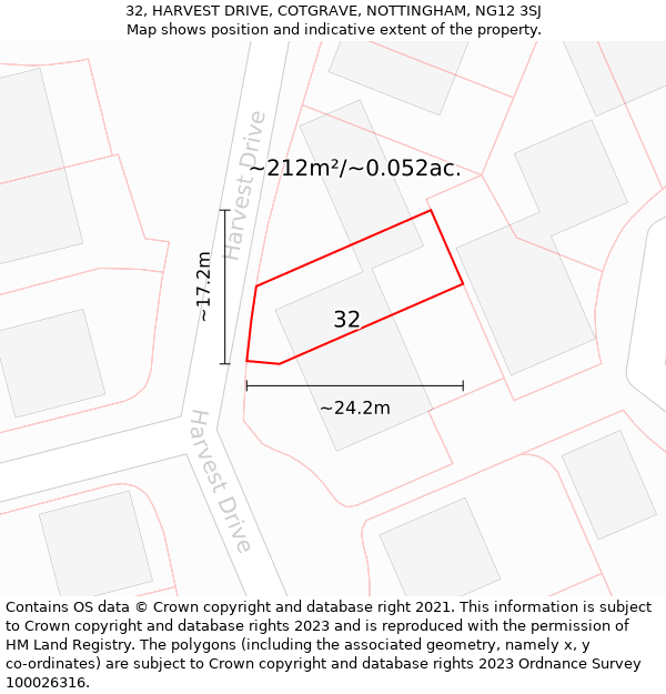 32, HARVEST DRIVE, COTGRAVE, NOTTINGHAM, NG12 3SJ: Plot and title map