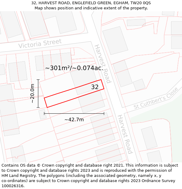 32, HARVEST ROAD, ENGLEFIELD GREEN, EGHAM, TW20 0QS: Plot and title map