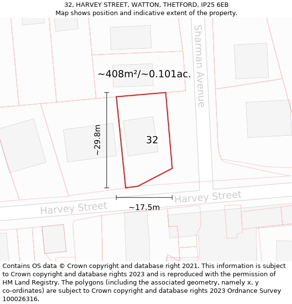 32, HARVEY STREET, WATTON, THETFORD, IP25 6EB: Plot and title map