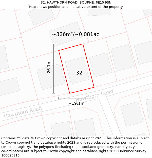 32, HAWTHORN ROAD, BOURNE, PE10 9SN: Plot and title map