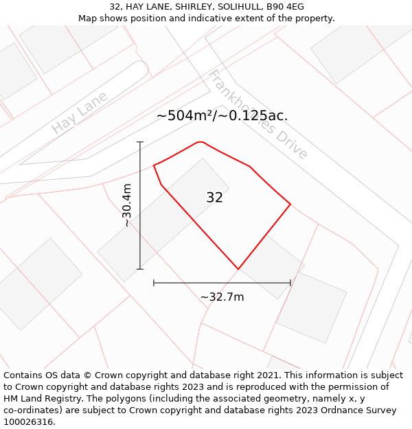 32, HAY LANE, SHIRLEY, SOLIHULL, B90 4EG: Plot and title map