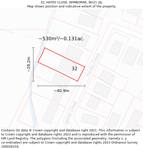 32, HAYES CLOSE, WIMBORNE, BH21 2JL: Plot and title map