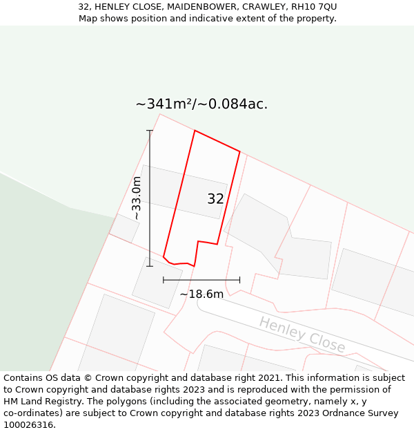 32, HENLEY CLOSE, MAIDENBOWER, CRAWLEY, RH10 7QU: Plot and title map