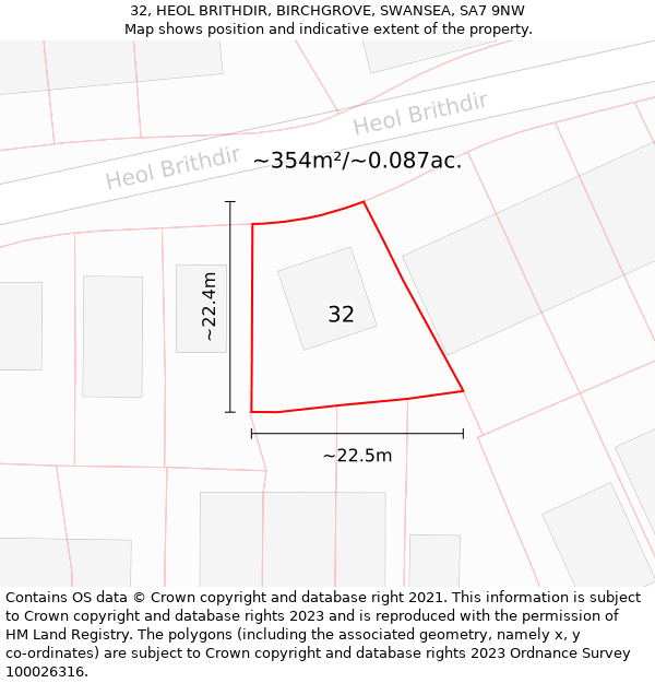 32, HEOL BRITHDIR, BIRCHGROVE, SWANSEA, SA7 9NW: Plot and title map