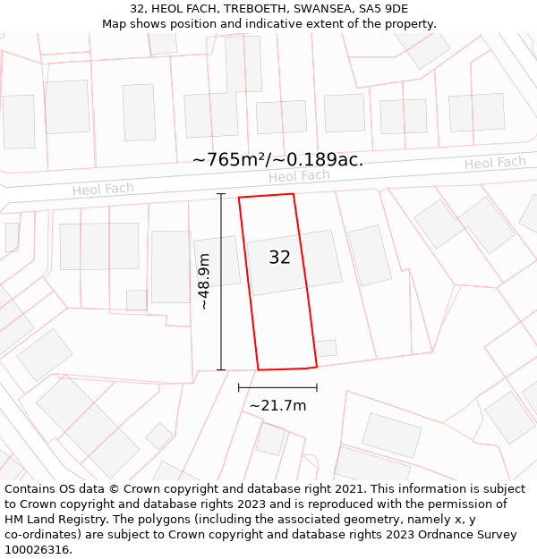 32, HEOL FACH, TREBOETH, SWANSEA, SA5 9DE: Plot and title map