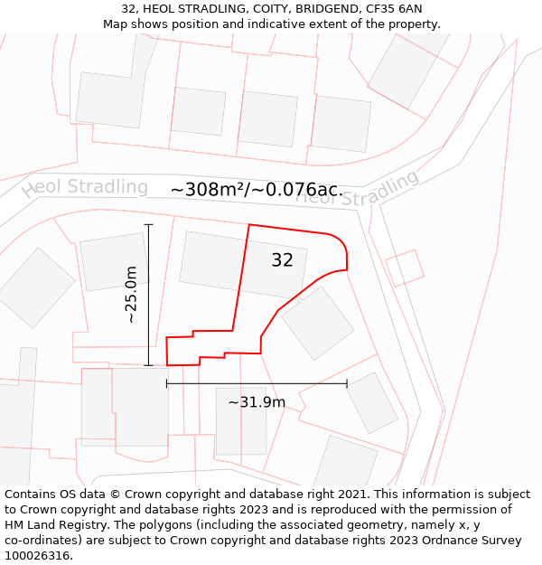 32, HEOL STRADLING, COITY, BRIDGEND, CF35 6AN: Plot and title map