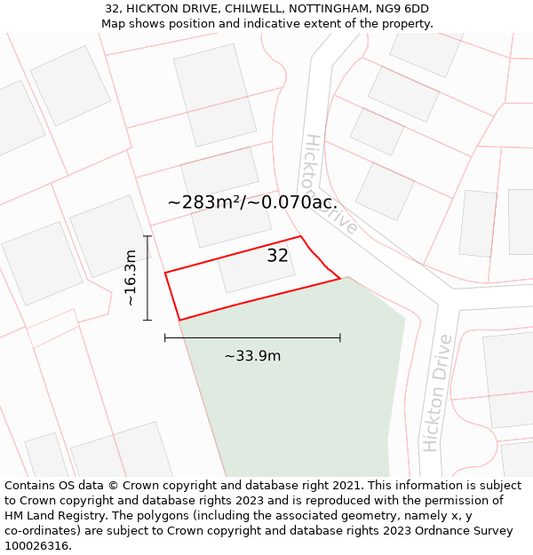 32, HICKTON DRIVE, CHILWELL, NOTTINGHAM, NG9 6DD: Plot and title map