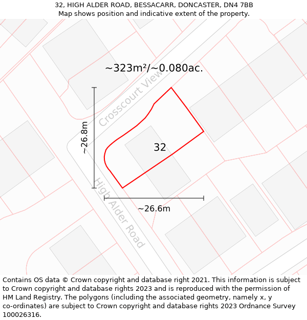 32, HIGH ALDER ROAD, BESSACARR, DONCASTER, DN4 7BB: Plot and title map