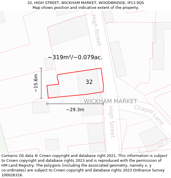 32, HIGH STREET, WICKHAM MARKET, WOODBRIDGE, IP13 0QS: Plot and title map