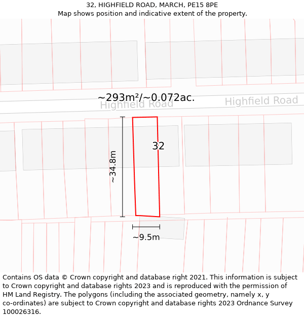 32, HIGHFIELD ROAD, MARCH, PE15 8PE: Plot and title map