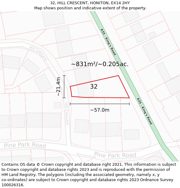 32, HILL CRESCENT, HONITON, EX14 2HY: Plot and title map