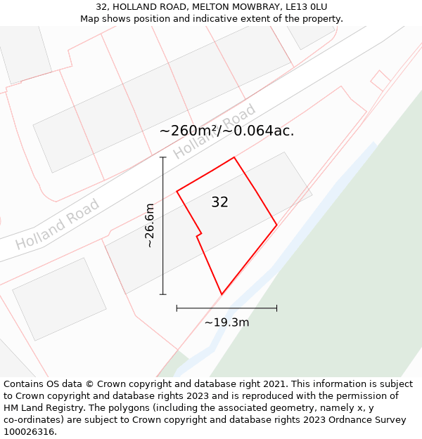 32, HOLLAND ROAD, MELTON MOWBRAY, LE13 0LU: Plot and title map