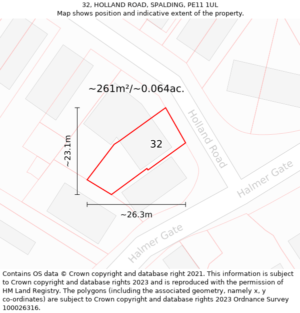 32, HOLLAND ROAD, SPALDING, PE11 1UL: Plot and title map