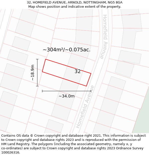 32, HOMEFIELD AVENUE, ARNOLD, NOTTINGHAM, NG5 8GA: Plot and title map