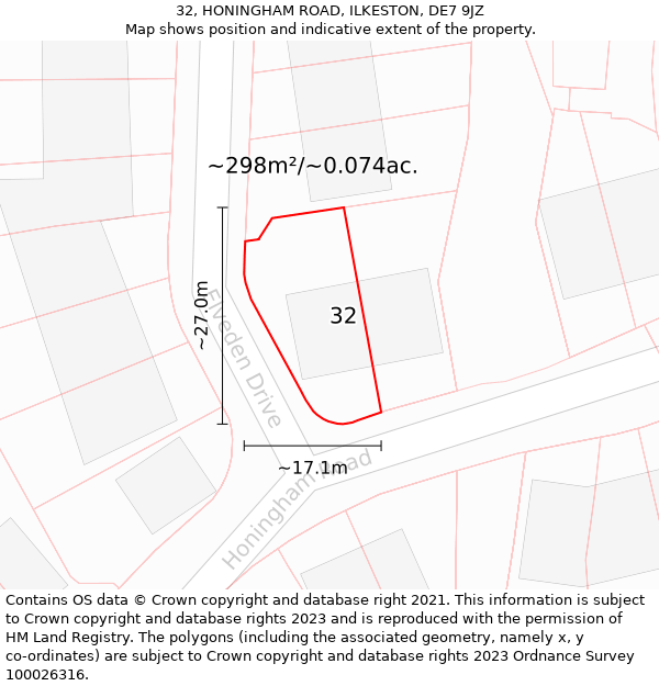 32, HONINGHAM ROAD, ILKESTON, DE7 9JZ: Plot and title map