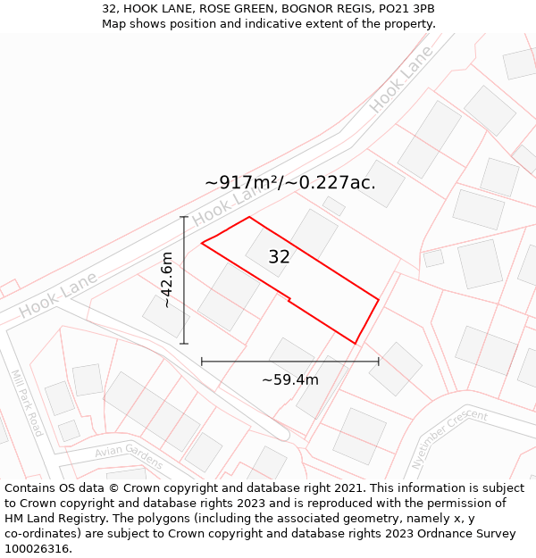 32, HOOK LANE, ROSE GREEN, BOGNOR REGIS, PO21 3PB: Plot and title map