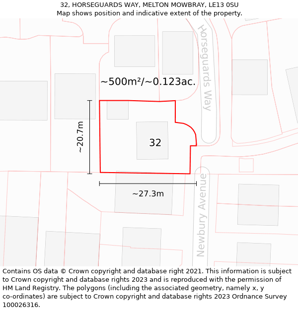 32, HORSEGUARDS WAY, MELTON MOWBRAY, LE13 0SU: Plot and title map