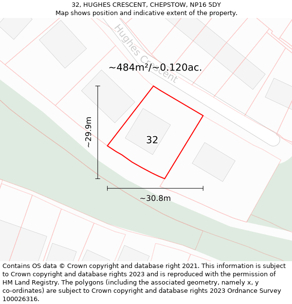 32, HUGHES CRESCENT, CHEPSTOW, NP16 5DY: Plot and title map