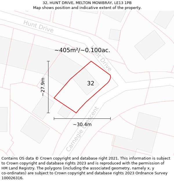 32, HUNT DRIVE, MELTON MOWBRAY, LE13 1PB: Plot and title map