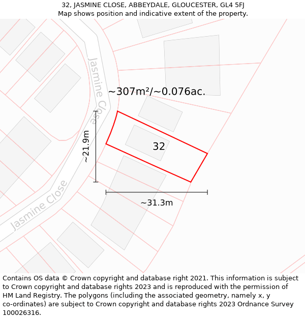 32, JASMINE CLOSE, ABBEYDALE, GLOUCESTER, GL4 5FJ: Plot and title map