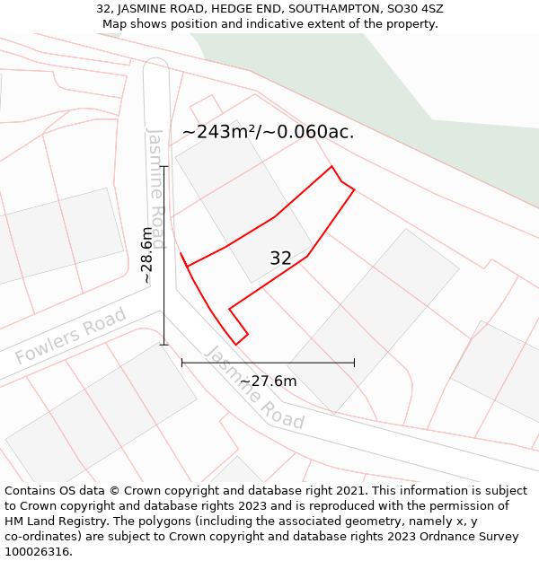 32, JASMINE ROAD, HEDGE END, SOUTHAMPTON, SO30 4SZ: Plot and title map