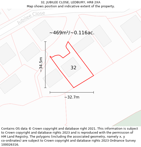 32, JUBILEE CLOSE, LEDBURY, HR8 2XA: Plot and title map