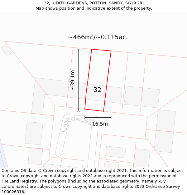 32, JUDITH GARDENS, POTTON, SANDY, SG19 2RJ: Plot and title map