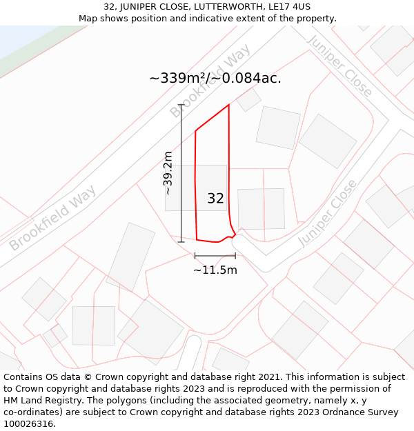 32, JUNIPER CLOSE, LUTTERWORTH, LE17 4US: Plot and title map