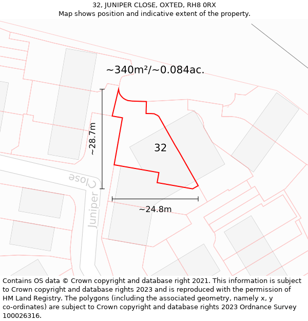 32, JUNIPER CLOSE, OXTED, RH8 0RX: Plot and title map