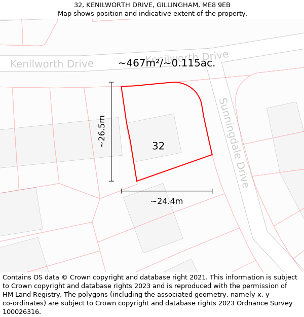 32, KENILWORTH DRIVE, GILLINGHAM, ME8 9EB: Plot and title map