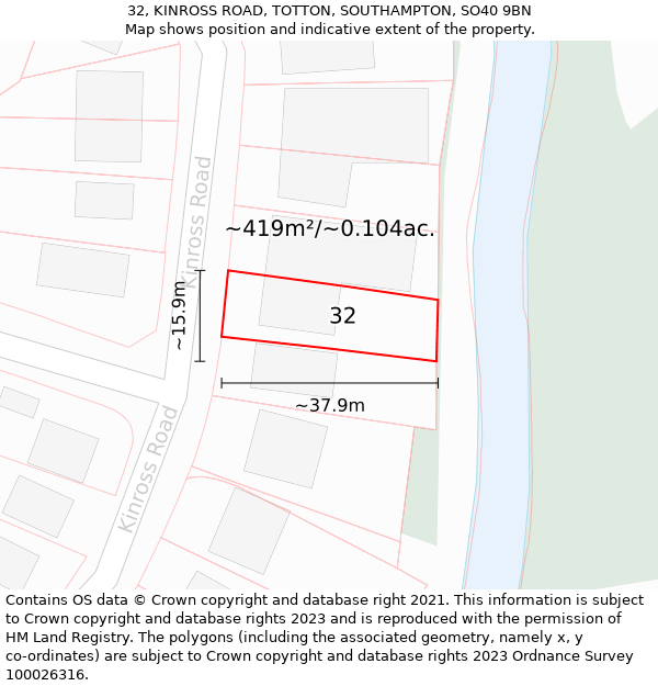 32, KINROSS ROAD, TOTTON, SOUTHAMPTON, SO40 9BN: Plot and title map