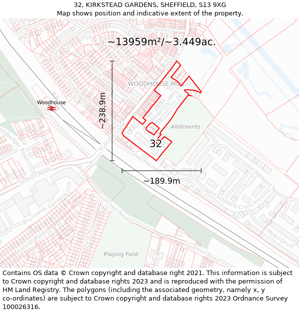 32, KIRKSTEAD GARDENS, SHEFFIELD, S13 9XG: Plot and title map