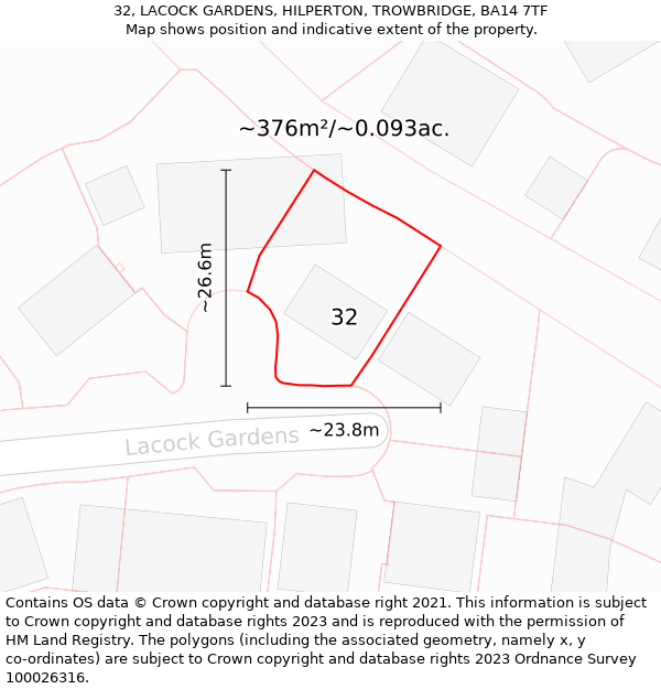 32, LACOCK GARDENS, HILPERTON, TROWBRIDGE, BA14 7TF: Plot and title map